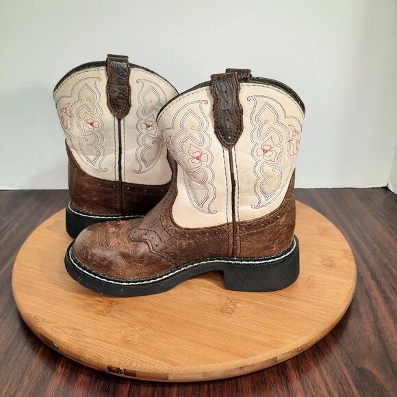 Justin Gypsy Girls Size 12 Boots Cream Brown Leather Pull On Western Cowgirl - Picture 6 of 10